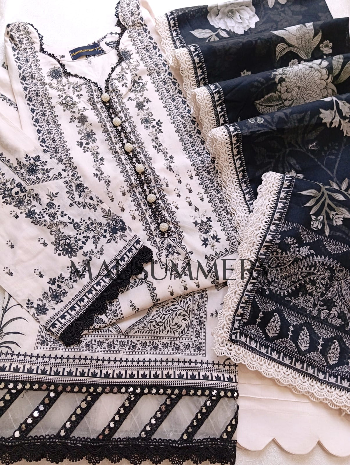 MAUSUMERRY Printed Cotton 3 Piece Suit - Black & Ivory