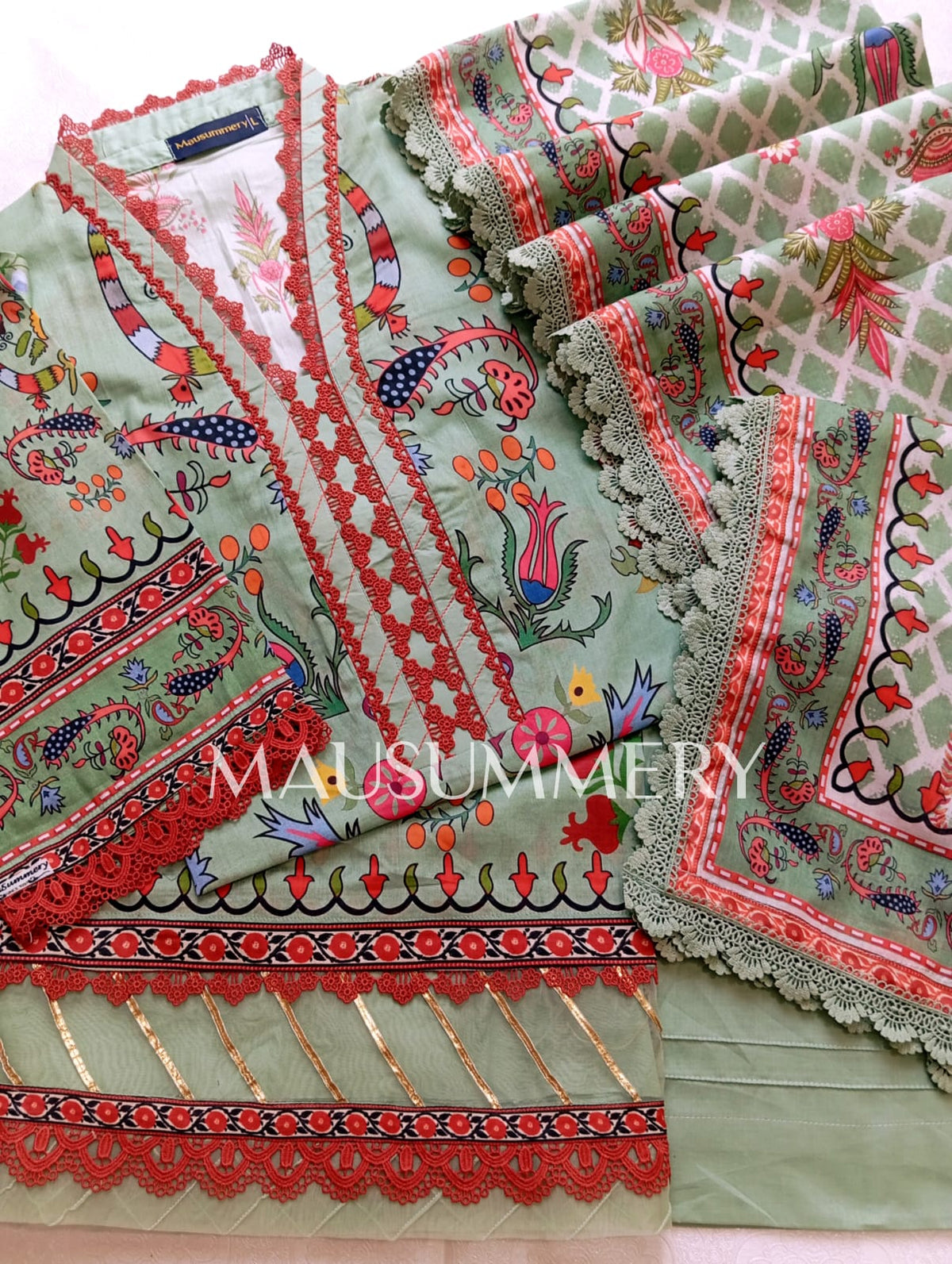 MAUSUMERRY Printed Cotton 3 Piece Suit - Khaki Green