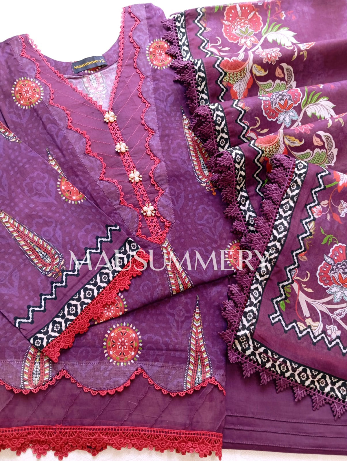 MAUSUMERRY Printed Cotton 3 Piece Suit - Purple