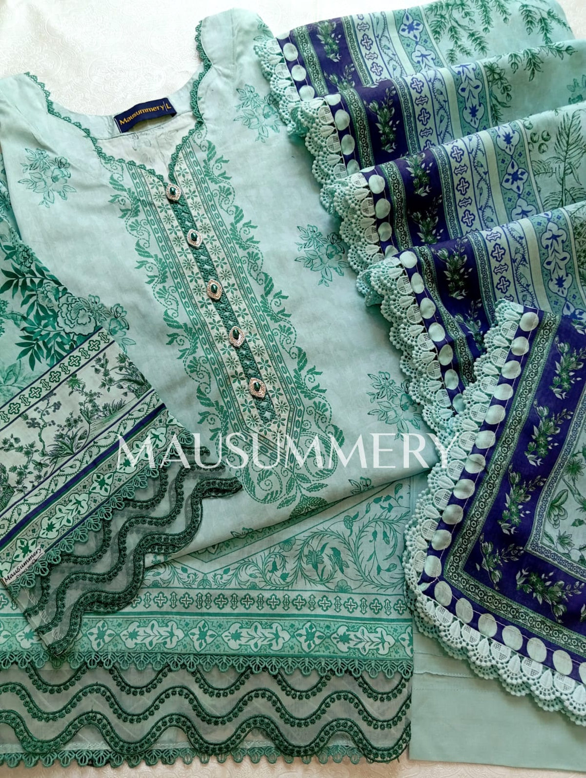 MAUSUMERRY Printed Cotton 3 Piece Suit - Mint Green