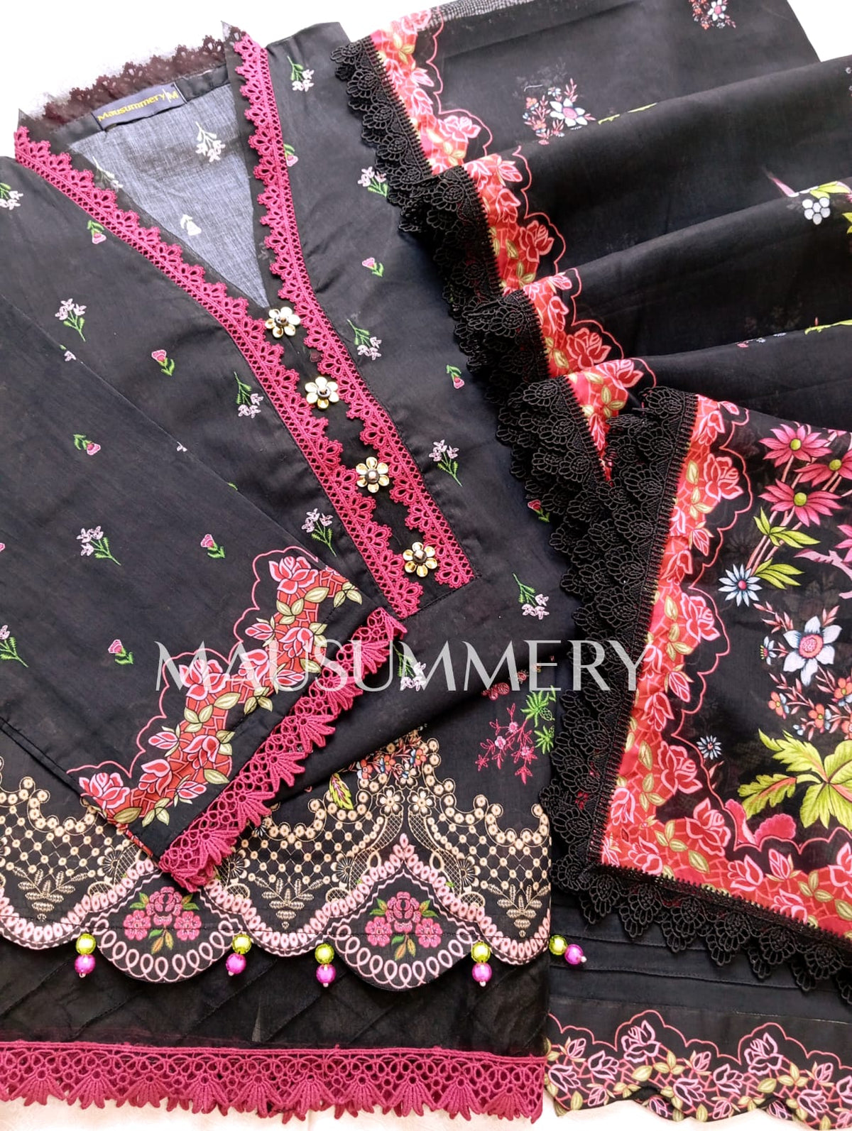 MAUSUMERRY Printed Cotton 3 Piece Suit - Black
