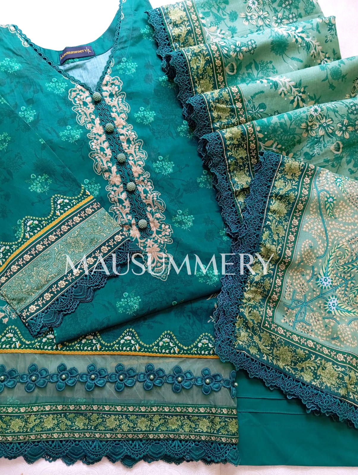 MAUSUMERRY Printed Cotton 3 Piece Suit - Teal
